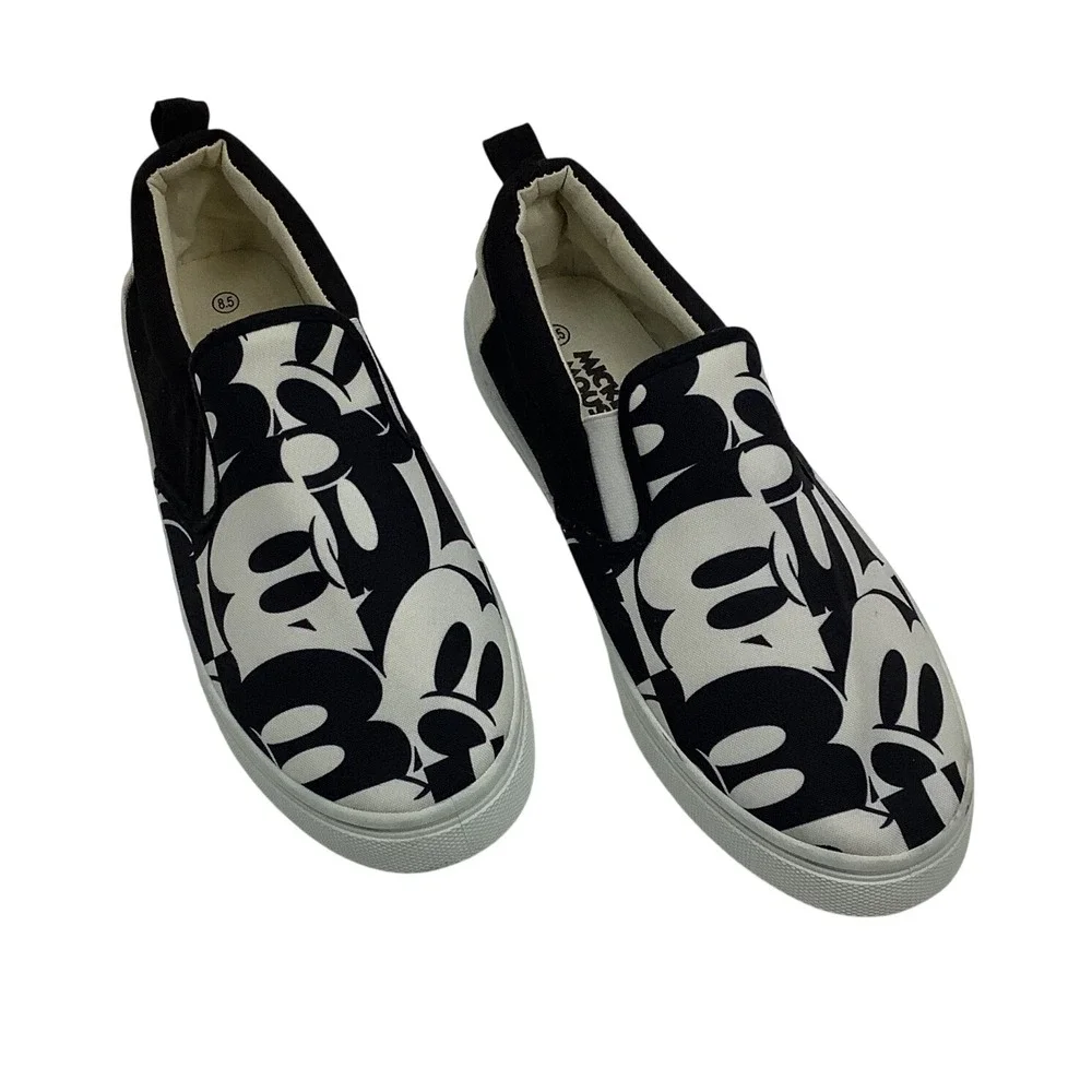 Disney Mickey Mouse Slip On Sneakers Black White Graphic Canvas Shoes Mens 8.5